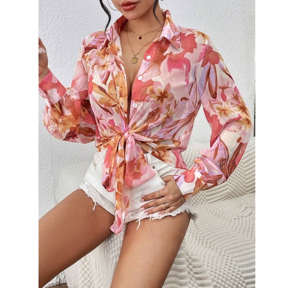 Floral Print Sheer Tie Front Long Sleeve Button Down Crop Shirt Lurex Glitter - Picture 5 of 9